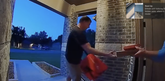 DoorDash driver identified only as "Dasher Corey" delivers a Pizza Hut pizza to Texas woman Lacey Purciful