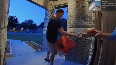 DoorDash driver identified only as "Dasher Corey" delivers a Pizza Hut pizza to Texas woman Lacey Purciful