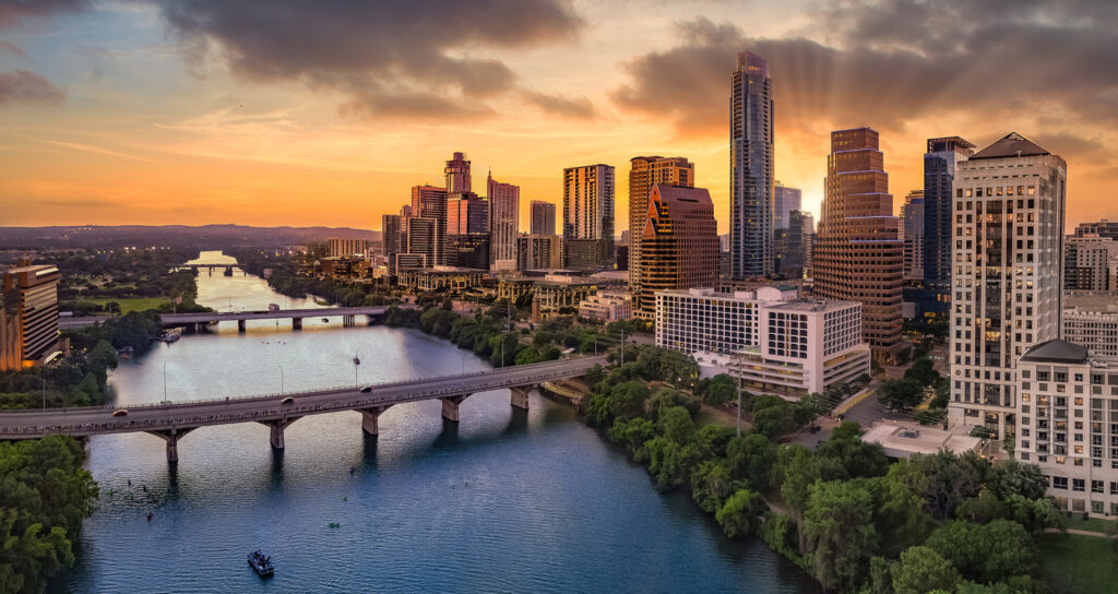 Downtown Austin Texas with capital and riverfront stock photo