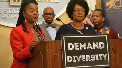 Senator Lola Smallwood-Cuevas (D- Los Angeles) and Assemblymember Tina McKinnor ( D-Inglewood) led the CLBC Demand Diversity press conference on July 13, 2023. Photo by Antonio Harvey (CBM)