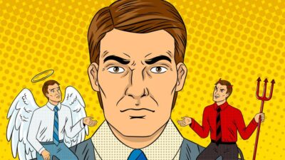 Angel and Devil on man's shoulder - Depositphotos