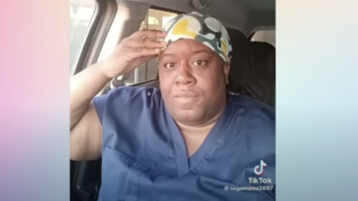 TikTokker @sugamama2887 vents from her car in scrubs