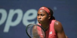 Coco Gauff in action during a women's singles quarterfinal match at the 2023 US Open, Tuesday, Sep. 5, 2023 in Flushing, NY. (Garrett Ellwood/USTA)