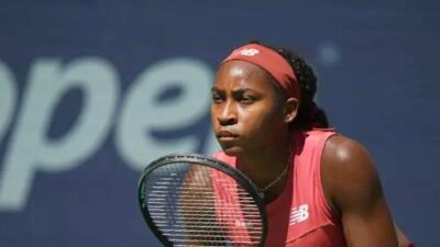 Coco Gauff in action during a women's singles quarterfinal match at the 2023 US Open, Tuesday, Sep. 5, 2023 in Flushing, NY. (Garrett Ellwood/USTA)