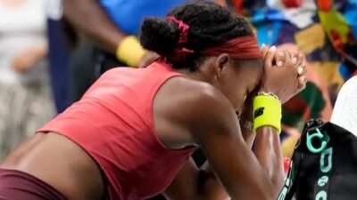 Coco Gauff praying after winning US Open 2023 - screenshot