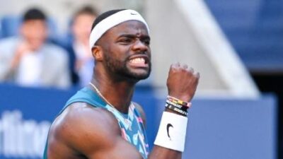 Francis Tiafoe reacts during a men's singles match at the 2023 US Open, Friday, Sept 1, 2023 in Flushing, NY (Mike Lawrence-USTA)
