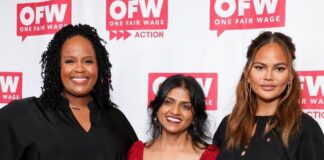 Natasha Rothwell, Saru Jayaraman (president of One Fair Wage) and Chrissy Teigen (Mark Von Holden-Variety-Getty Images)