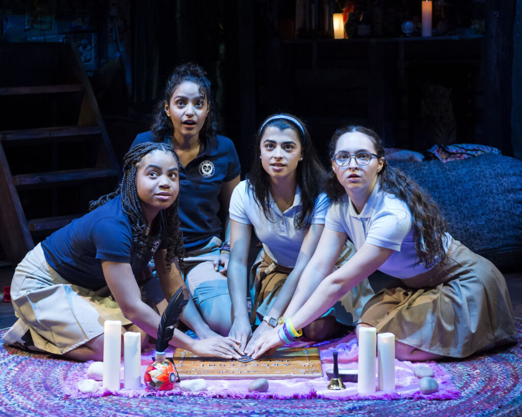 Our Dear Dead Drug Lord by Alexis Scheer is on stage now at the Kirk Douglas Theatre. From L to R: Samantha Miller, Coral Pe&ntilde;a, Lilian Rebelo, and Ashley Brooke in "Our Dear Dead Drug Lord" at Center Theatre Group's Kirk Douglas Theatre August 20 through September 17, 2023, produced in association with IAMA Theatre Company. Photo credit: Craig Schwartz Photography