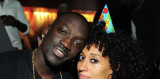 Bu Thiam and Tracee Ellis Ross pose during the Watch The Throne concert after party at Reign Nightclub on October 28, 2011 in Atlanta, Georgia.