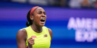 Coco Gauff reacts during a women's singles match at the 2023 US Open, Friday, Sep. 1, 2023 in Flushing, NY. (Garrett Ellwood/USTA)