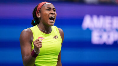 Coco Gauff reacts during a women's singles match at the 2023 US Open, Friday, Sep. 1, 2023 in Flushing, NY. (Garrett Ellwood/USTA)