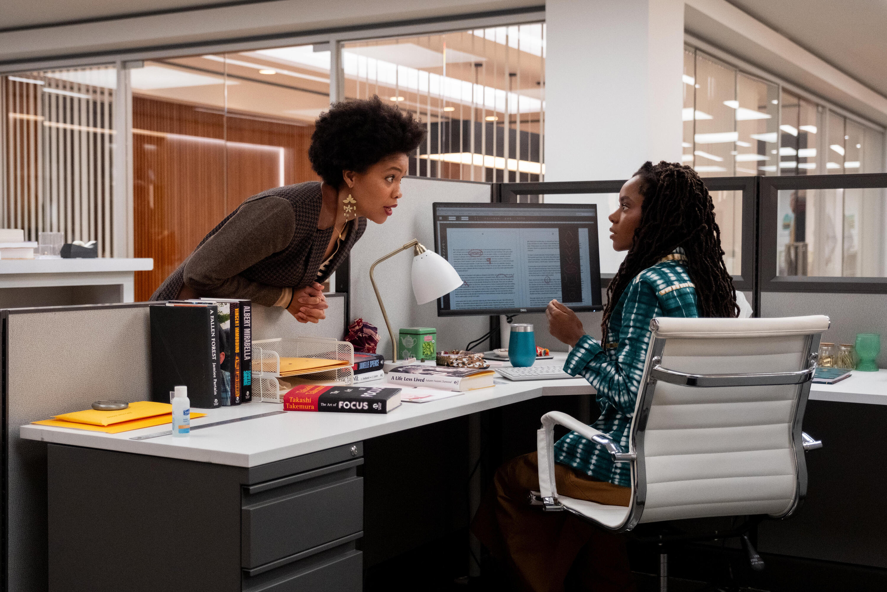 The Other Black Girl -- “What About Your Friends” - Episode 104 -- Nella meets Diana Gordon, a famous author and her hero, and Nella invites Hazel over to meet her friends. Nella (Sinclair Daniel) and Hazel (Ashleigh Murray), shown. (Photo by: Wilford Harwood/Hulu)