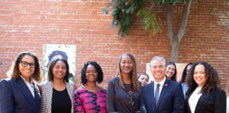 (From Left to Right) U.S. Rep. Sydney Kamlager-Dove (D-CA-37), Assemblymember Akilah Weber (D-La Mesa), Sen. Lola Smallwood-Cuevas (D-Ladera Heights), L.A. County Supervisor Holly Mitchell, California Attorney General Rob Bonta and Gabrielle Brown, Black Women for Wellness Maternal and Infant Health Program Coordinator, at a California Department of Justice press conference. The briefing was organized to announce a Department of Justice report that found hospitals and clinics are ignoring racial bias training mandated to address California’s high maternal mortality rate. Courtesy: Office of the Attorney General, State of California