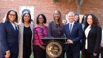 (From Left to Right) U.S. Rep. Sydney Kamlager-Dove (D-CA-37), Assemblymember Akilah Weber (D-La Mesa), Sen. Lola Smallwood-Cuevas (D-Ladera Heights), L.A. County Supervisor Holly Mitchell, California Attorney General Rob Bonta and Gabrielle Brown, Black Women for Wellness Maternal and Infant Health Program Coordinator, at a California Department of Justice press conference. The briefing was organized to announce a Department of Justice report that found hospitals and clinics are ignoring racial bias training mandated to address California&rsquo;s high maternal mortality rate. Courtesy: Office of the Attorney General, State of California