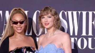 Beyonc&eacute;, left, attended Taylor Swift's premiere of her Eras tour movie at the Grove oin LA on Wednesday (10-11-23) - Getty