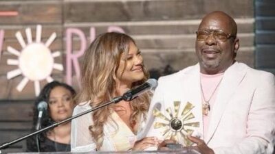 Bobby Brown and wife Alicia Etheredge-Brown accepting the 2023 Movement Maker Award at A World of Good - In A Perfect World gala held at The Four Seasons Hotel in Beverly Hills, California. Photo credit: Christine Bjerke