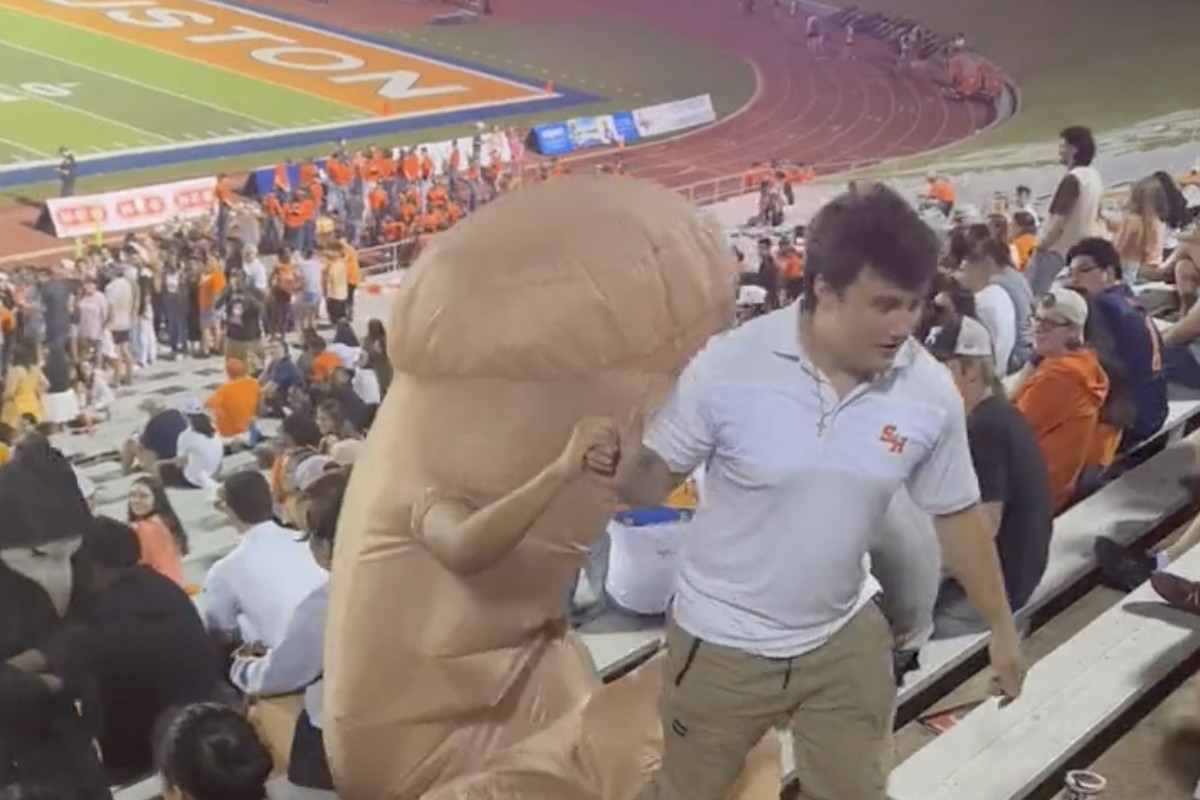 Sam Houston State University Bearkats fan led out of stadium for wearing a NSFW costume - screenshot