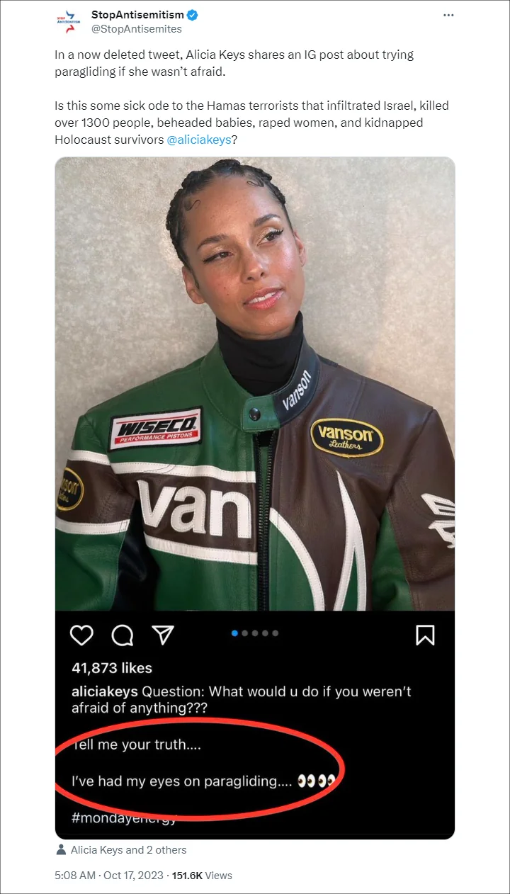 Alicia Keys Responds to Paragliding Post 