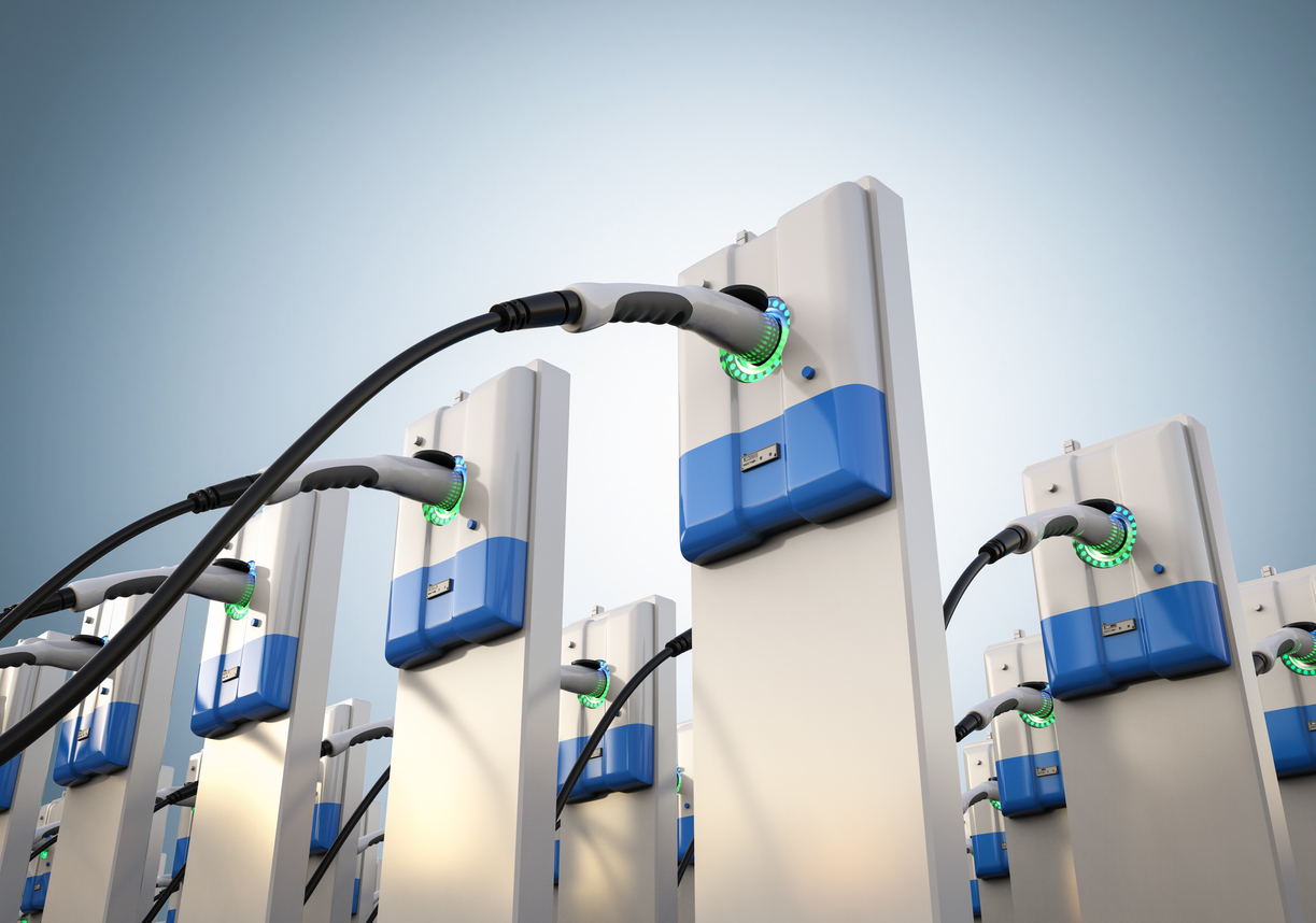 Group of EV charging stations stock photo