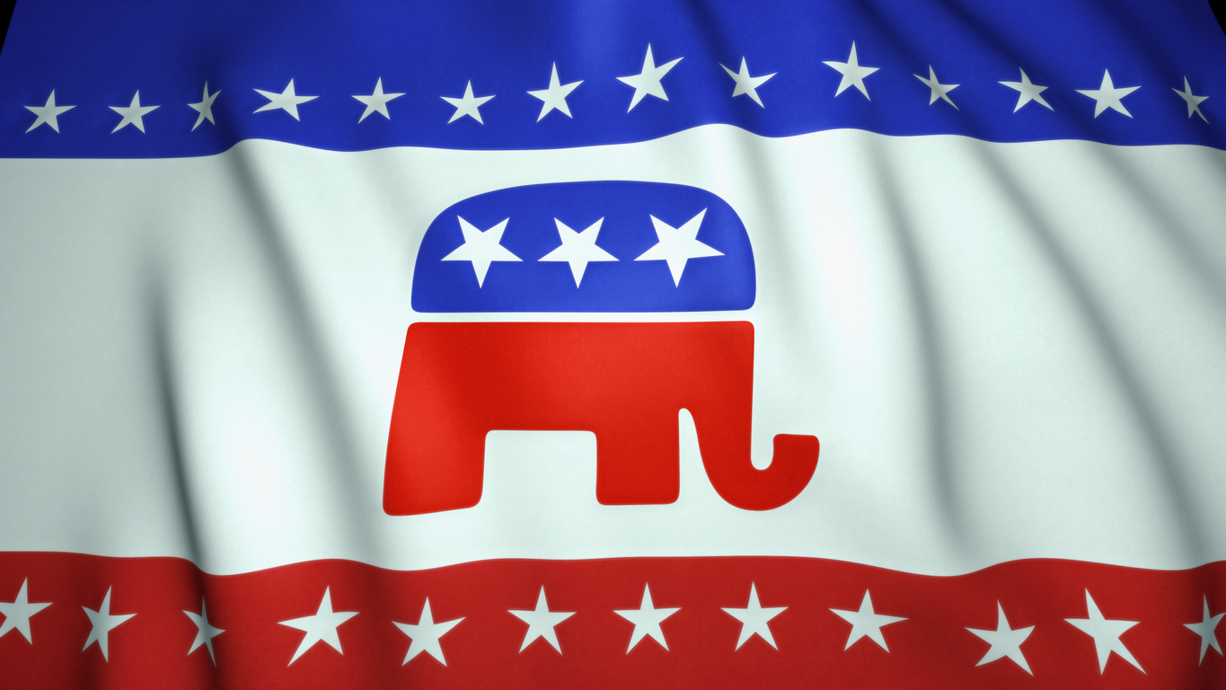Waving flag, us republican party elephant emblem, background, 3d illustration stock photo