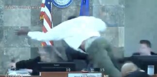 Deobra Redding basically flies over Judge Mary Kay Holthus' desk to attack her - screenshot