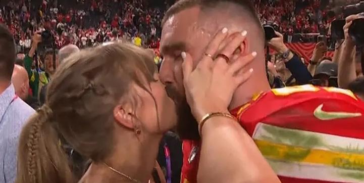 Taylor Swift kisses Travis Kelce after Super Bowl win (photo via NFL)