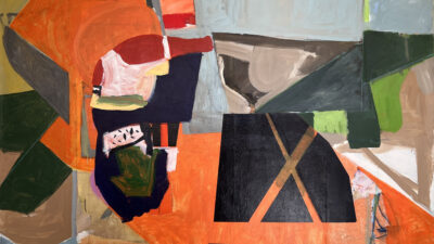Above: one of the paintings in the new exhibition "Roberto Juarez: Crossing Five Decades (Works Created Between 1983 and 2023)." The painting is titled Tablet (2015), mixed media on linen.