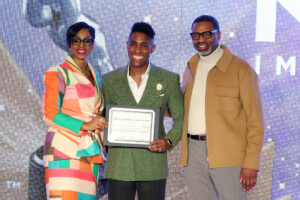 LOS ANGELES, CALIFORNIA - FEBRUARY 25: (L-R) Karen Boykin-Towns, Vice-Chair of NAACP Board of Directors, Kristen Griffith-VanderYacht and Derrick Johnson, President & CEO of NAACP are seen onstage during the NAACP Image Awards Nominees Brunch at Fairmont Century Plaza on February 25, 2024 in Los Angeles, California. (Photo by Leon Bennett/Getty Images for NAACP)