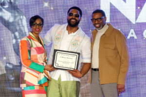 LOS ANGELES, CALIFORNIA - FEBRUARY 25: (L-R) Karen Boykin-Towns, Vice-Chair of NAACP Board of Directors, LaRoyce Hawkins and Derrick Johnson, President & CEO of NAACP are seen onstage during the NAACP Image Awards Nominees Brunch at Fairmont Century Plaza on February 25, 2024 in Los Angeles, California. (Photo by Leon Bennett/Getty Images for NAACP)
