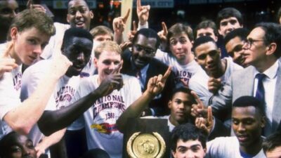 Kansas celebrates its victory at the Final Four basketball championship -- Rich Clarkson-AA Photos-Getty Images