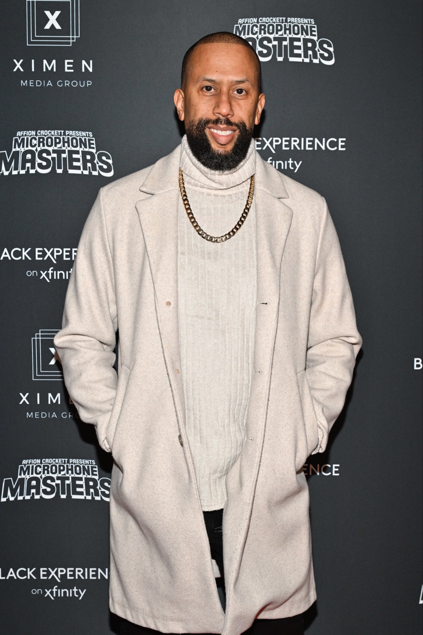 Comedian and producer Affion Crockett poses for a photo at the Black Experience on Xfinity red carpet world premiere event of Affion Crockett Presents: Microphone Masters in Los Angeles on March 20, 2024.