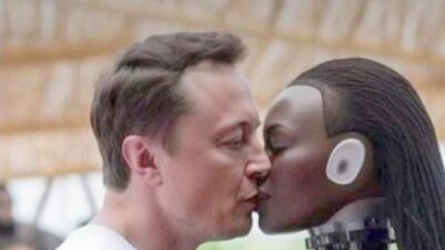 Elon Musk kissing Black female AI robot - screenshot