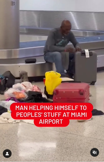 Unnamed man rummaging through unclaimed baggage at Miami International Airport / Photo: Instagram screenshot