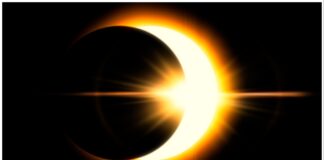 3D illustration of sun covered by moon [eclipse] stock photo