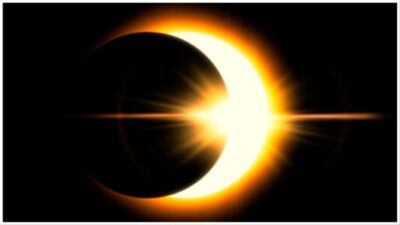 3D illustration of sun covered by moon [eclipse] stock photo