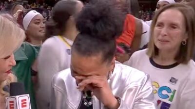 South Carolina coach Dawn Staley after winning 3rd Women's NCAA National Basketball (2024) - screenshot