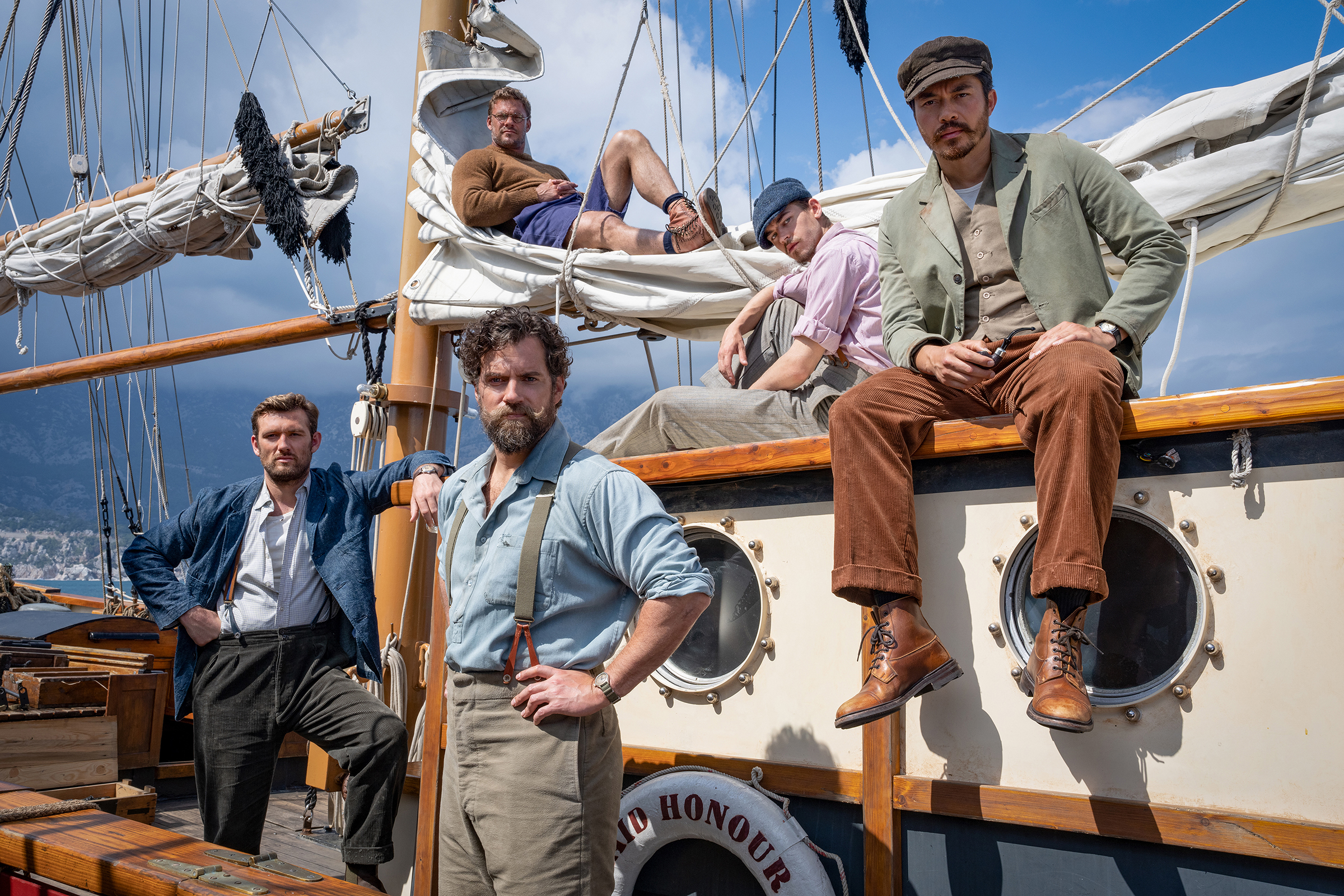 (L-R) Alex Pettyfer, Alan Ritchson, Henry Cavill, Hero Fiennes Tiffin, and Henry Golding in &lsquo;The Ministry of Ungentlemanly Warfare&rsquo; (Photo Credit: Dan Smith for Lionsgate)
