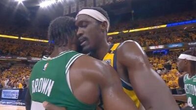 Boston's Jaylen Brown hugs Indiana's Pasal Siakam - screenshot