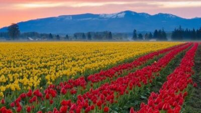 Red and yellow tulips growing in the large fields of Skagit Valley - Shutterstock