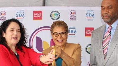 SBA Administrator Isabella Guzman, LA Mayor Karen Bass, VSEDC President/CEO Quentin Strode and Director of the VSEDC Women's Business Center / photo by LILA BROWN CBM (political playback)
