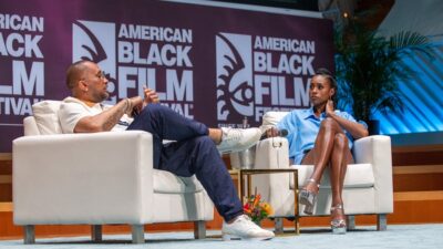 MIAMI BEACH, FL - JUNE 14: Creator Conversations with Issa Rae featuring Kenya Barris during Day 3 of the American Black Film Festival on June 14, 2024 in Miami Beach, FL. (Photo by Aaron J. Thornton / ABFF)