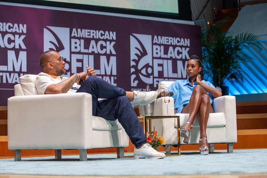 MIAMI BEACH, FL - JUNE 14: Creator Conversations with Issa Rae featuring Kenya Barris during Day 3 of the American Black Film Festival on June 14, 2024 in Miami Beach, FL. (Photo by Aaron J. Thornton / ABFF)