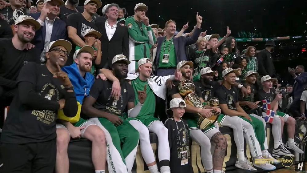 Boston Celtics players, staff and family (after winning 2024 NBA Finals) - screenshot