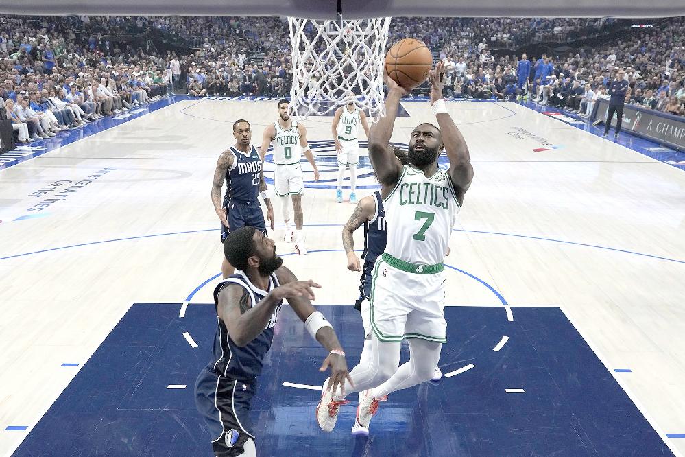 Boston's Jalen Brown scores in NBA Finals game 4 (Stacy Revere-Getty Images via CNN Newsource)