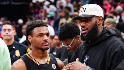 Bronny James and LeBron James (Alex Bierens de Haan-Getty Images via CNN Newsource)