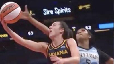 Caitlin Clark about to be fouled (flagrant) by Angel Reese - via Twitter/X
