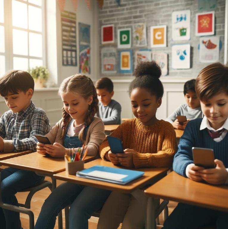Grade School kids in Class looking at their Smartphones