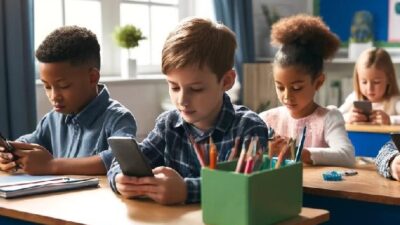 Grade School kids in Class looking at their Smartphones