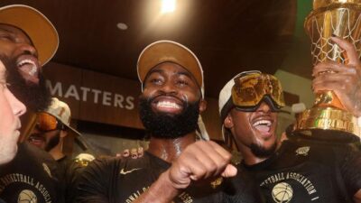 Jaylen Brown & Boston Celtics teammates celebrate winning 2024 NBA Finals over the Dallas Mavericks - GettyImages