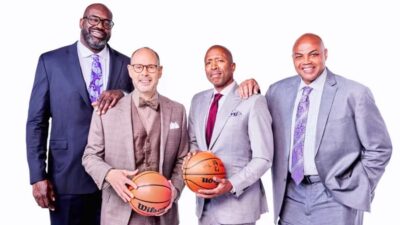 Shaquille O'Neal, Ernie Johnson, Kenny Smith and Charles Barkley of 'Inside the NBA' COURTESY WARNER BROS DISCOVERY SPORTS